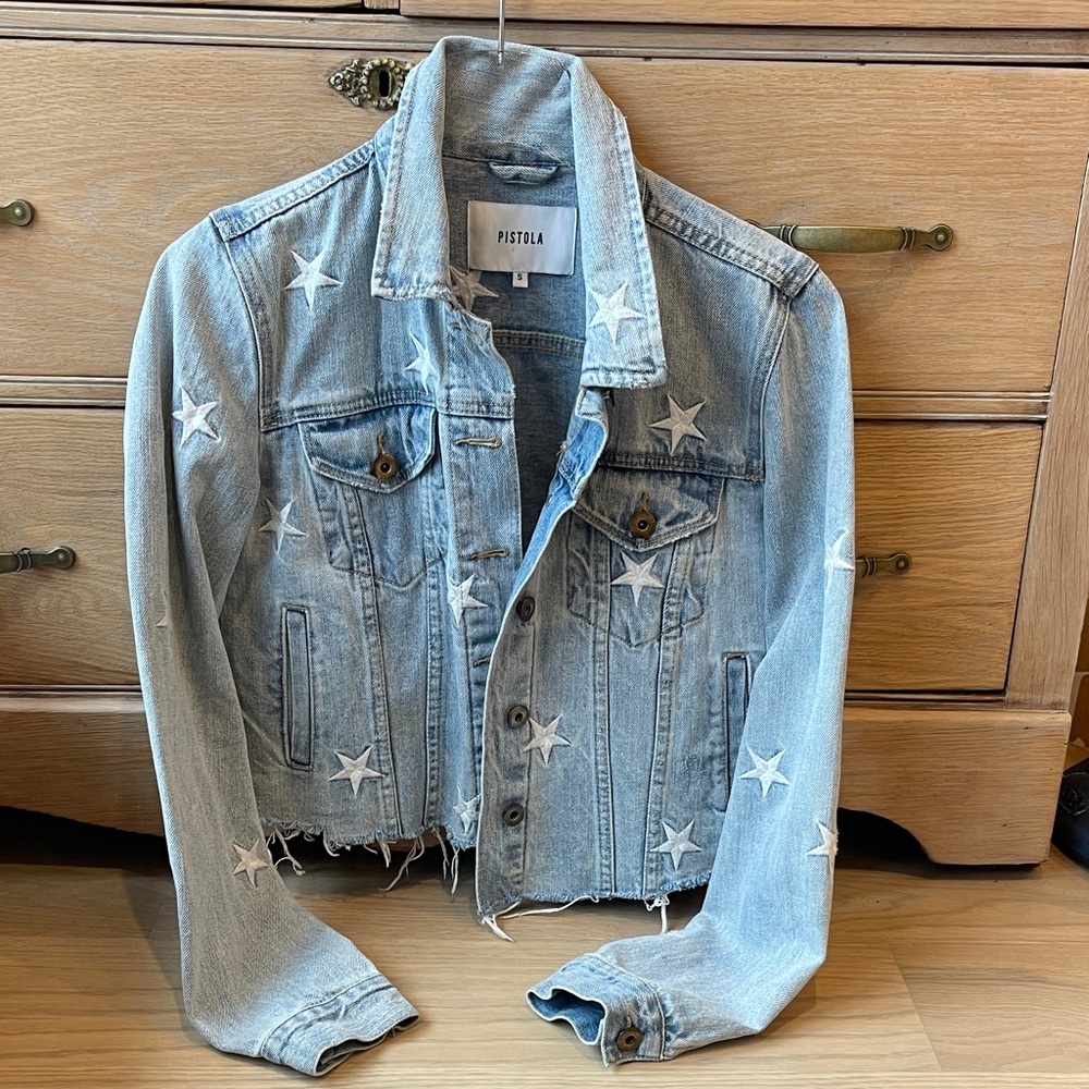 Pistola embroidered star denim jean jacket size small like new stars patriotic - Picture 2 of 7